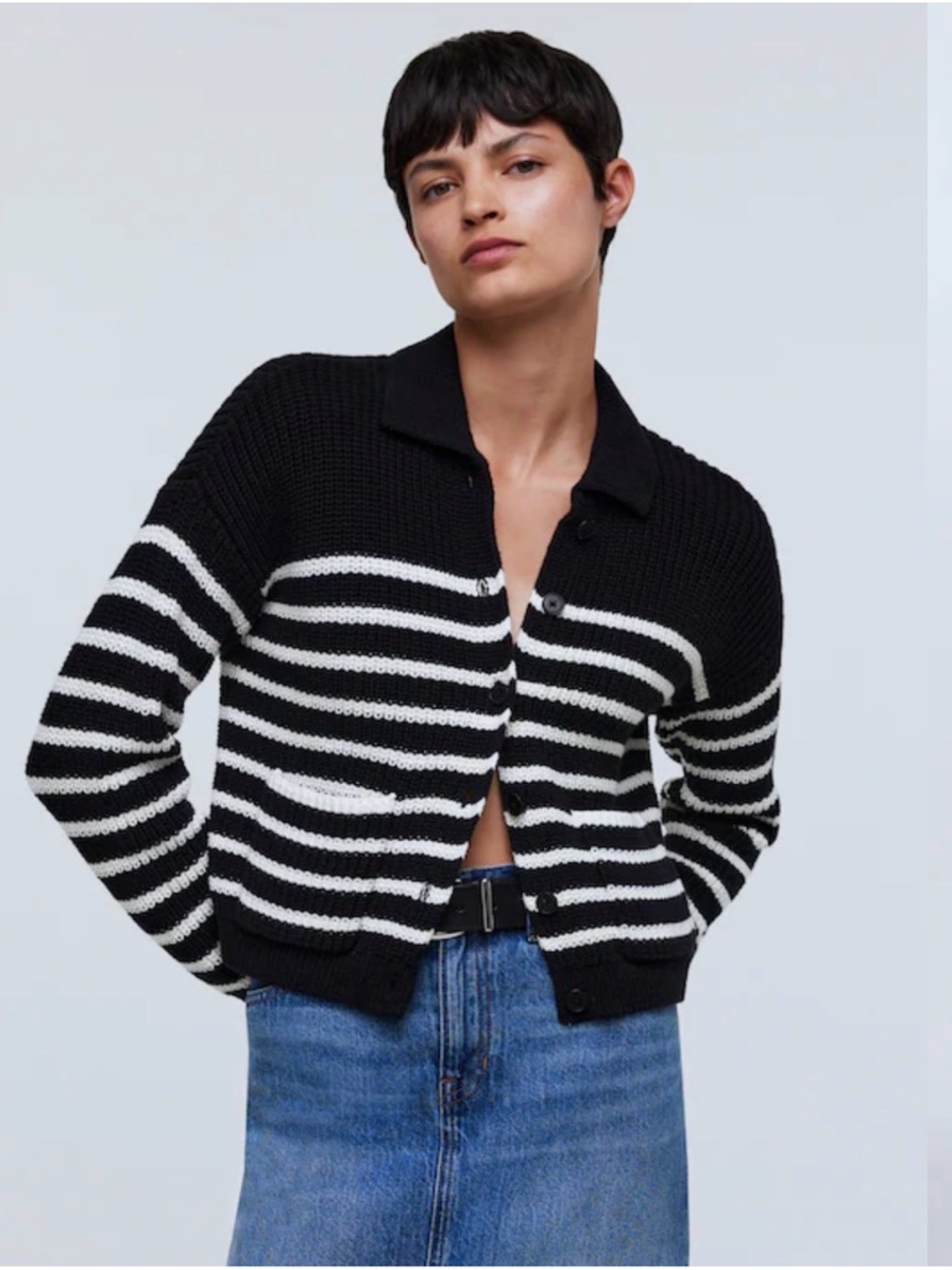 Madewell Black & White Striped Button-Front Cardigan